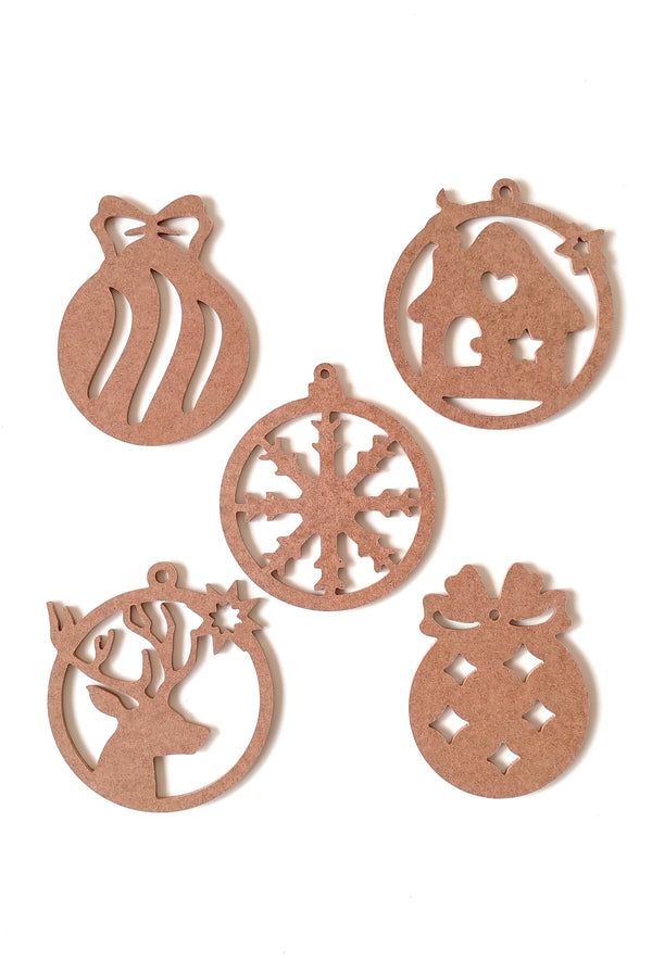 5 Parça Yılbaşı Süsleri / Ham Mdf Boyanabilir Delikli Yeni Yıl Objeleri 16 Cm